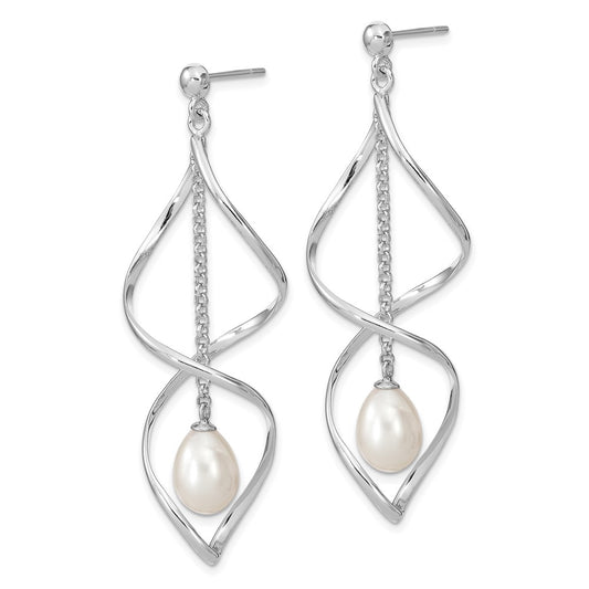 Rhodium-plated Sterling Silver 7-8mm White Rice FWC Pearl Dangle Earrings