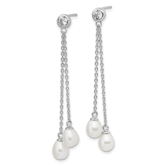 Rhodium-plated Sterling Silver 6-7mm Rice FWC Pearl CZ Post Dangle Earrings