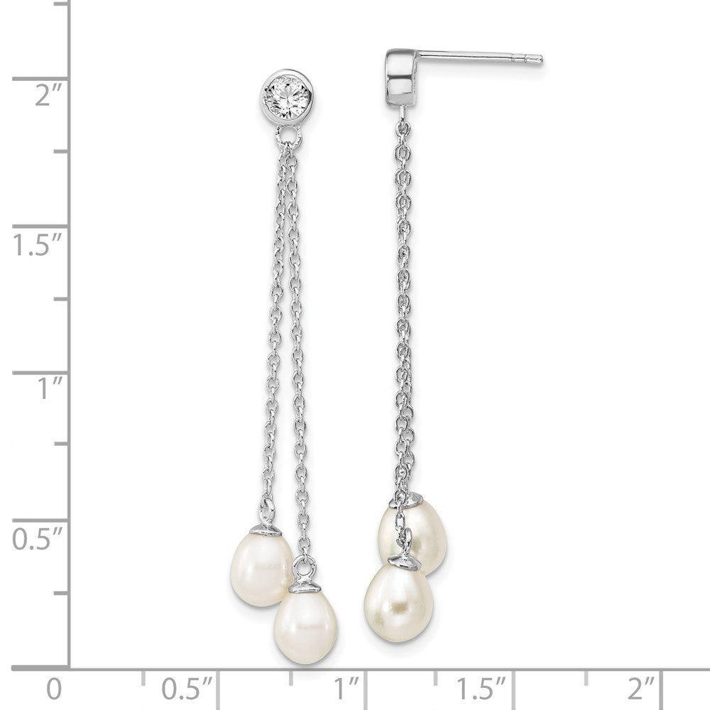 Rhodium-plated Sterling Silver 6-7mm Rice FWC Pearl CZ Post Dangle Earrings