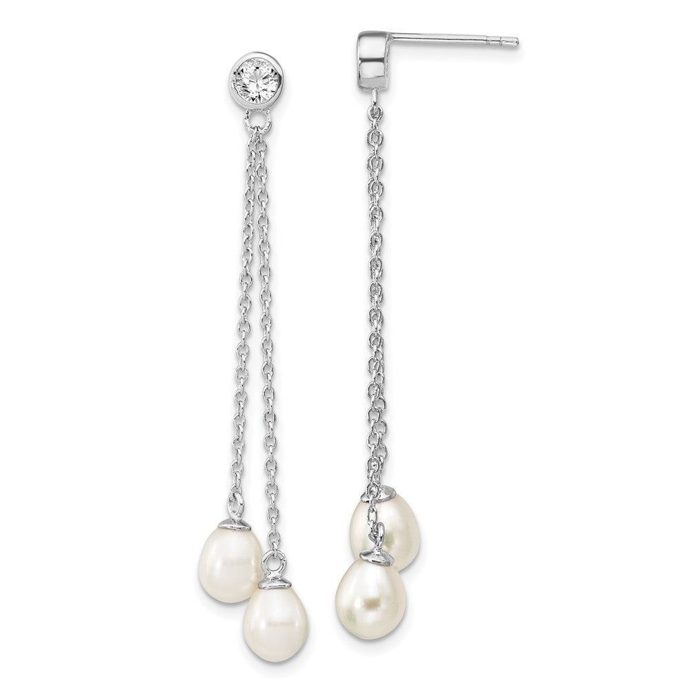 Rhodium-plated Sterling Silver 6-7mm Rice FWC Pearl CZ Post Dangle Earrings