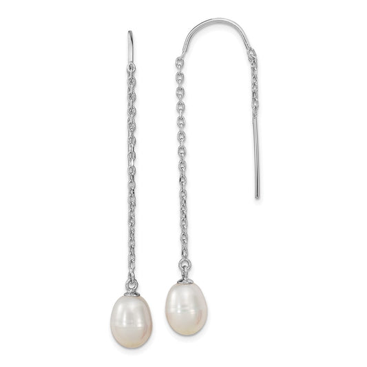 Rhodium-plated Sterling Silver 7-8mm Teardrop FWC Pearl Threader Earrings