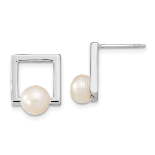 Rhodium-plated Sterling Silver 6-7mm Button FWC Pearl Square Post Earrings