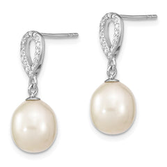 Rhodium-plated Sterling Silver 8-9mm Rice FWC Pearl CZ Post Dangle Earrings