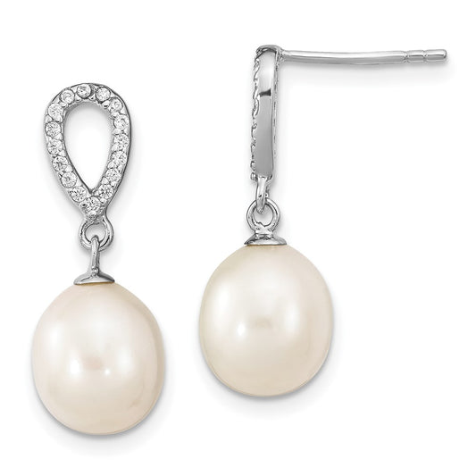 Rhodium-plated Sterling Silver 8-9mm Rice FWC Pearl CZ Post Dangle Earrings