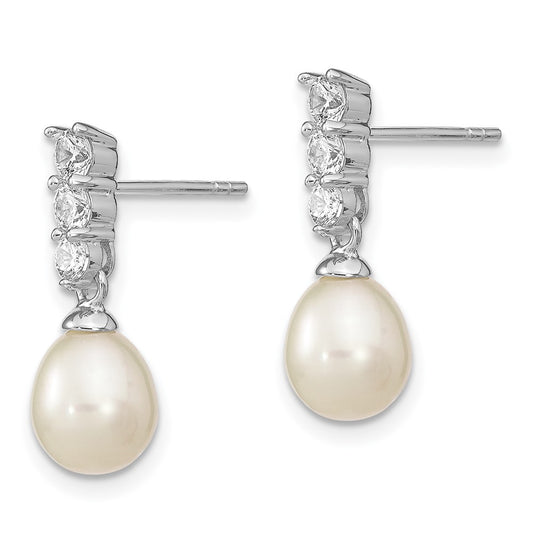 Rhodium-plated Sterling Silver 7-8mm White FWC Pearl CZ Post Earrings