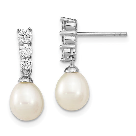 Rhodium-plated Sterling Silver 7-8mm White FWC Pearl CZ Post Earrings