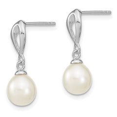 Rhodium-plated Sterling Silver 7-8mm White FWC Pearl Post Dangle Earrings