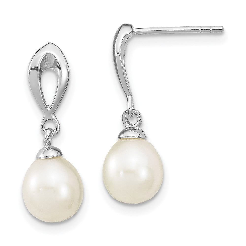 Rhodium-plated Sterling Silver 7-8mm White FWC Pearl Post Dangle Earrings