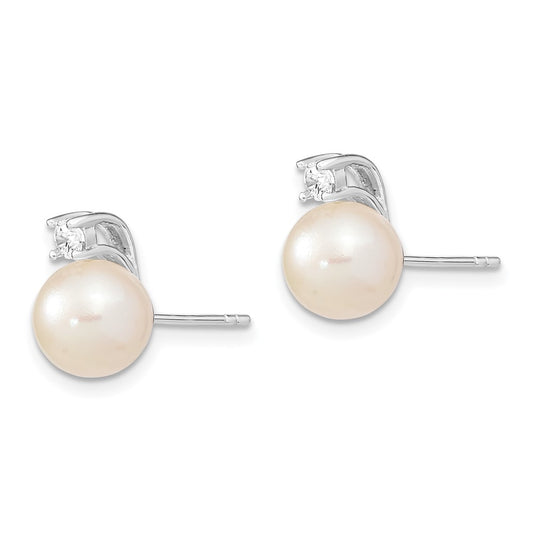 Rhodium-plated Sterling Silver 8-9mm White Round FWC Pearl CZ Post Earrings