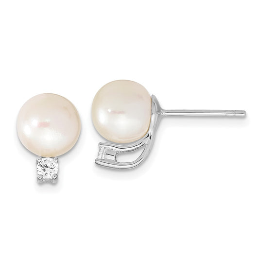 Rhodium-plated Sterling Silver 8-9mm White Round FWC Pearl CZ Post Earrings