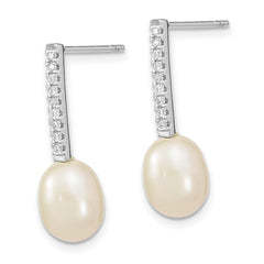 Rhodium-plated Sterling Silver 8-9mm Rice FWC Pearl CZ Post Dangle Earrings