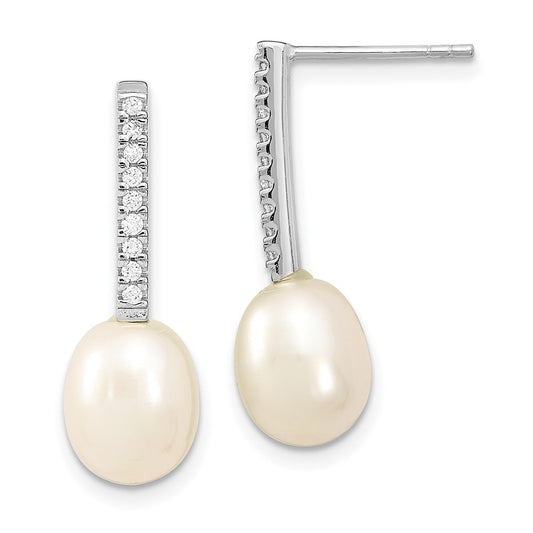 Rhodium-plated Sterling Silver 8-9mm Rice FWC Pearl CZ Post Dangle Earrings