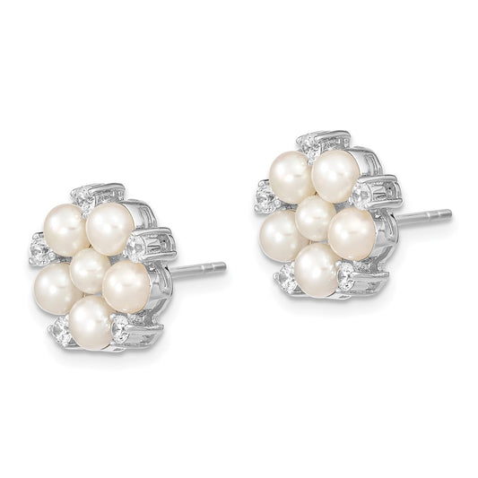 Rhodium-plated Sterling Silver 3-5mm White Button FWC Pearl CZ Post Earrings