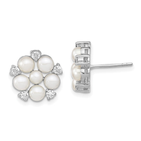 Rhodium-plated Sterling Silver 3-5mm White Button FWC Pearl CZ Post Earrings