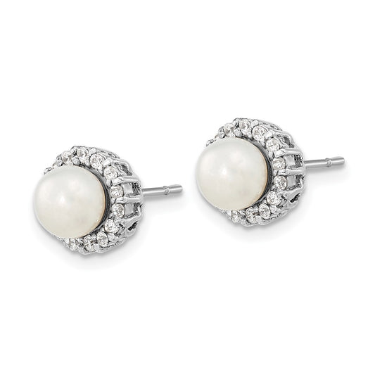 Rhodium-plated Sterling Silver CZ FWC Pearl Post Earrings