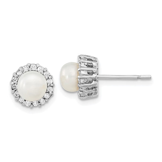 Rhodium-plated Sterling Silver CZ FWC Pearl Post Earrings