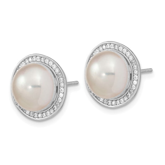 Rhodium-plated Sterling Silver 10-11mm Button FWC Pearl CZ Post Earrings