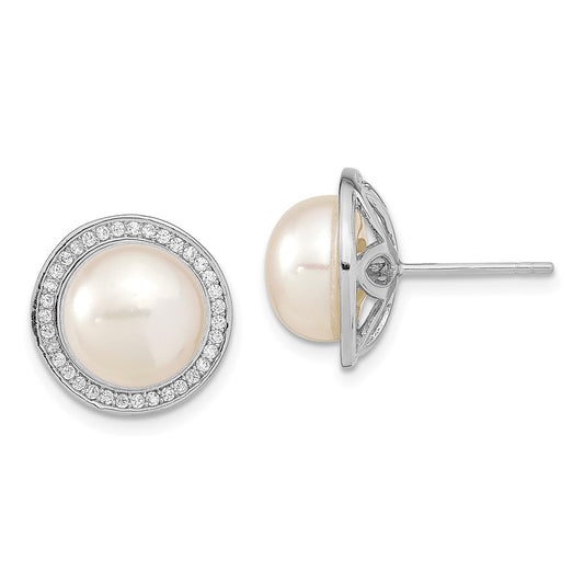 Rhodium-plated Sterling Silver 10-11mm Button FWC Pearl CZ Post Earrings