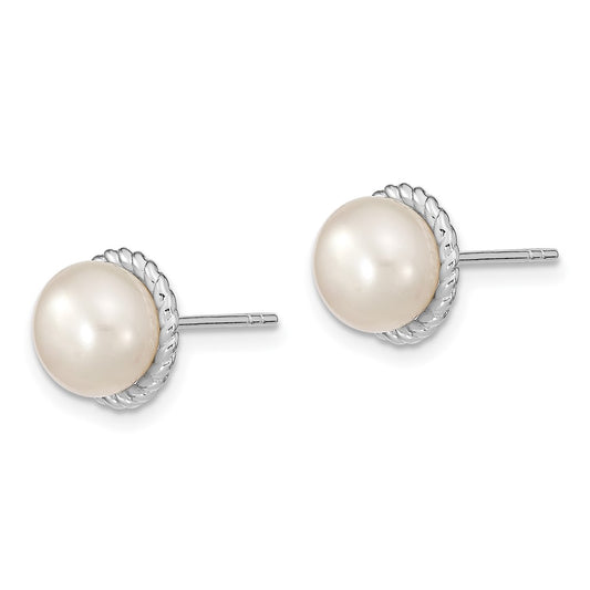 Rhodium-plated Sterling Silver 8-9mm White Button FWC Pearl Post Earrings