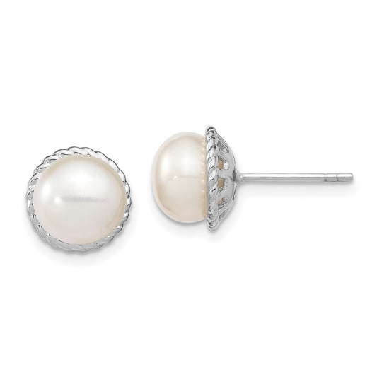 Rhodium-plated Sterling Silver 8-9mm White Button FWC Pearl Post Earrings