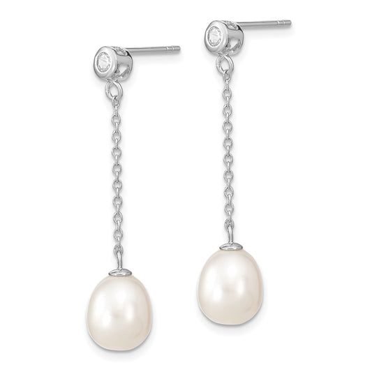 Rhodium-plated Sterling Silver 8-9mm Rice FWC Pearl CZ Post Dangle Earrings