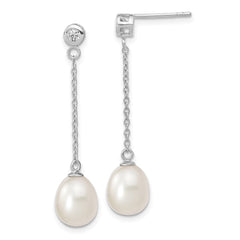 Rhodium-plated Sterling Silver 8-9mm Rice FWC Pearl CZ Post Dangle Earrings