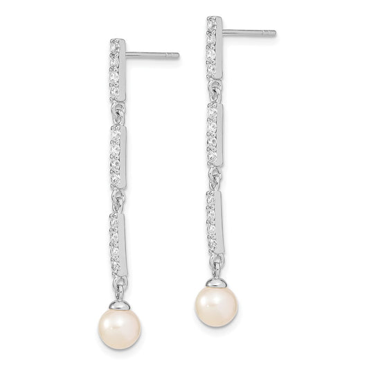 Rhodium-plated Sterling Silver 6-7mm Rice FWC Pearl CZ Post Dangle Earrings