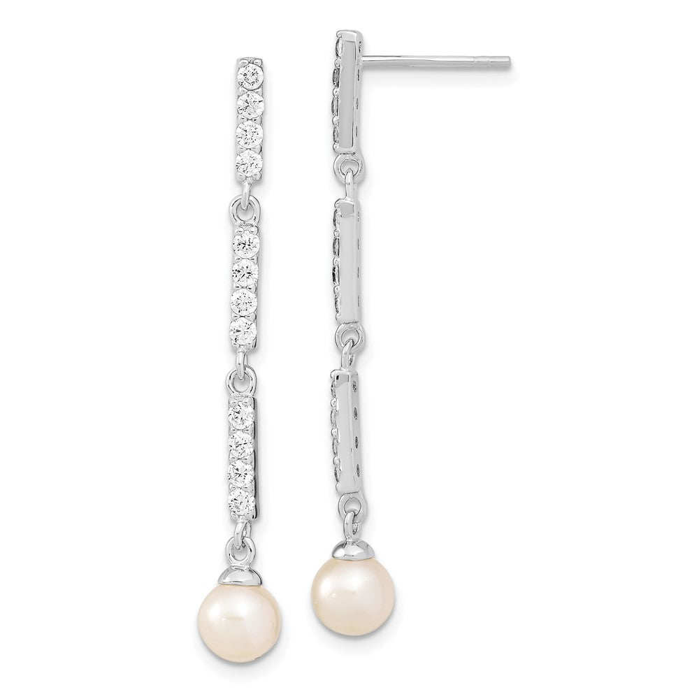 Rhodium-plated Sterling Silver 6-7mm Rice FWC Pearl CZ Post Dangle Earrings