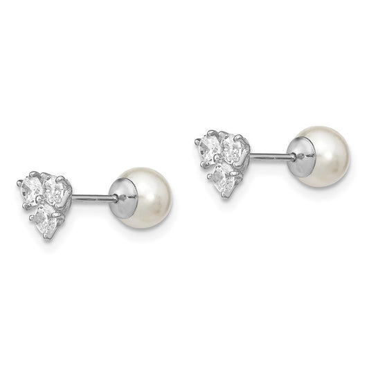 Rhodium-plated Sterling Silver CZ Imitation Shell Pearl Front Back Earrings