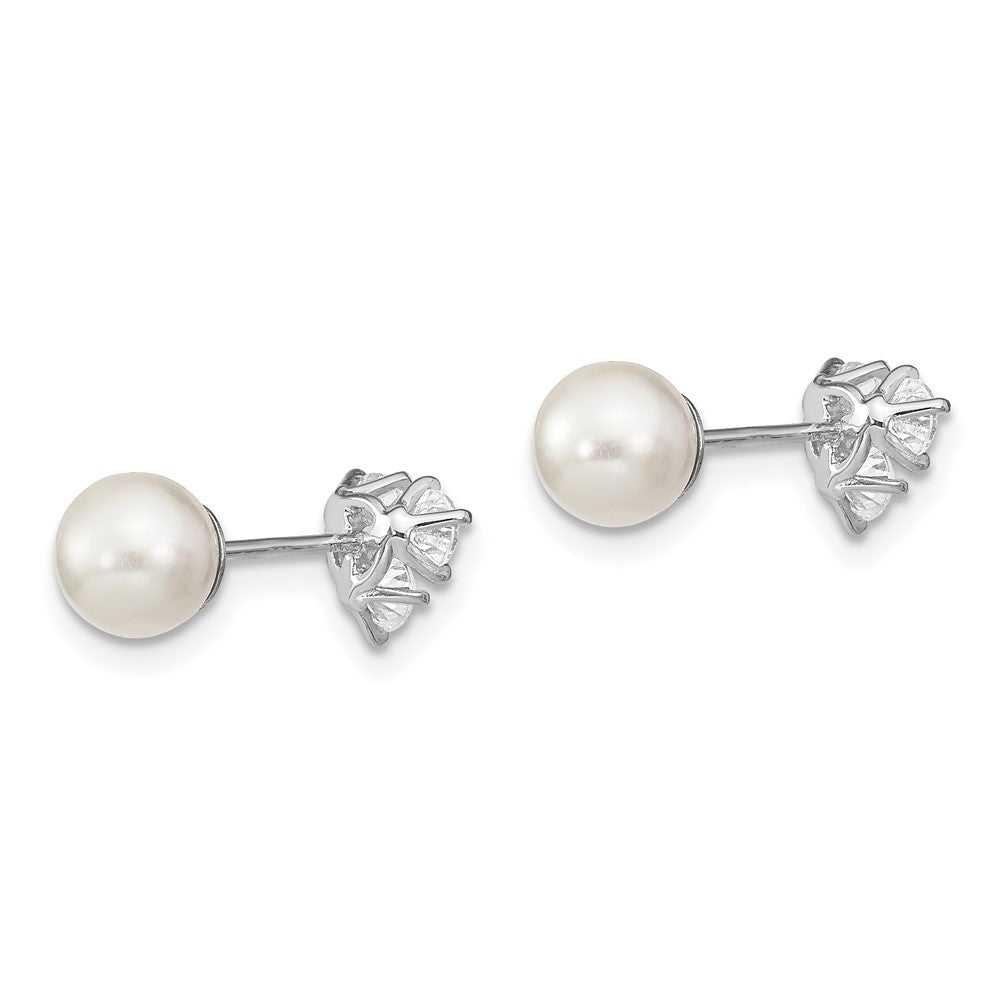 Rhodium-plated Sterling Silver CZ Imitation Shell Pearl Front Back Earrings