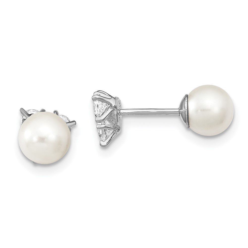 Rhodium-plated Sterling Silver CZ Imitation Shell Pearl Front Back Earrings