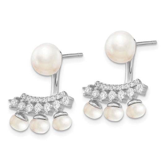 Rhodium-plated Sterling Silver White FWC Pearl CZ Front Back Earrings