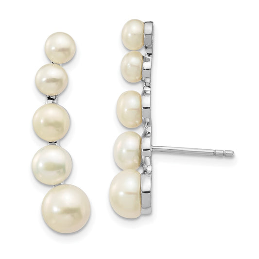 Rhodium-plated Sterling Silver 4-6mm Button FWC Pearl Ear Climber Earrings