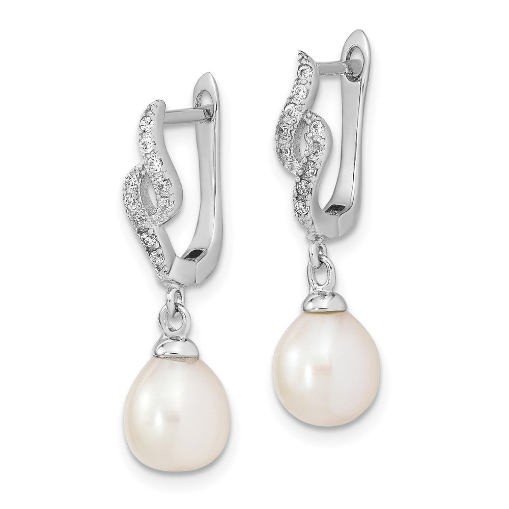 Rhodium-plated Sterling Silver 7-8mm Teardrop FWC Pearl CZ Dangle Earrings