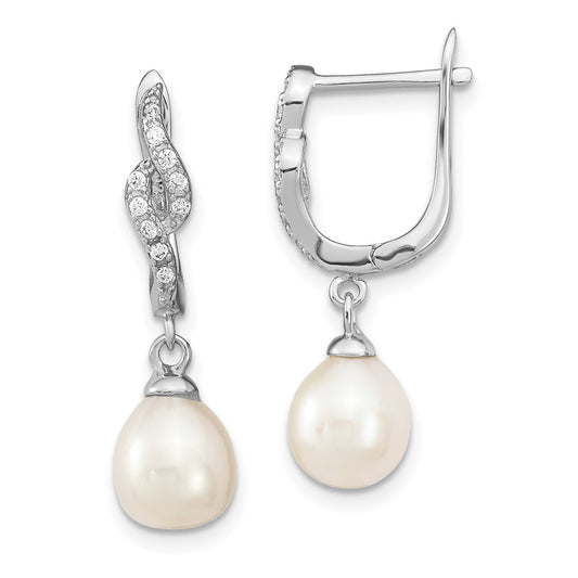 Rhodium-plated Sterling Silver 7-8mm Teardrop FWC Pearl CZ Dangle Earrings