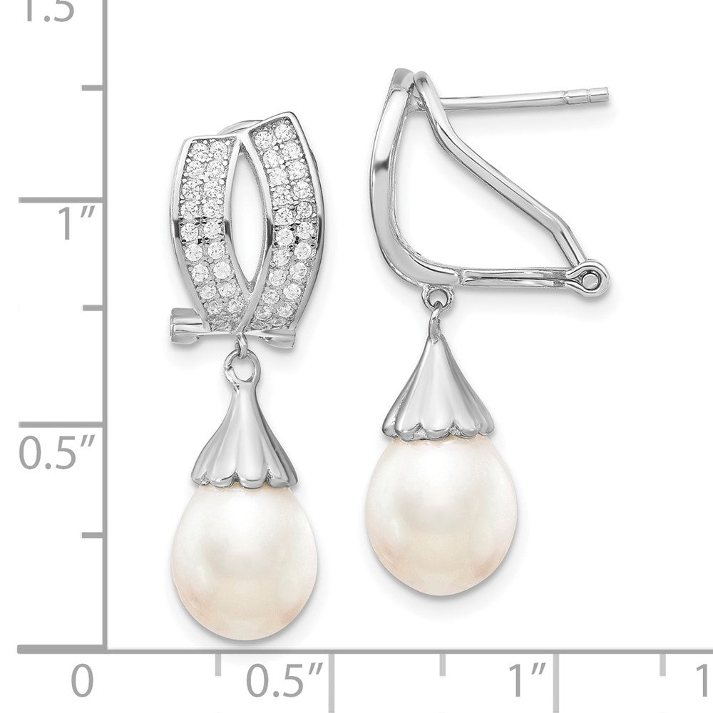 Rhodium-plated Sterling Silver 8-9mm Rice FWC Pearl CZ Omega Back Earrings
