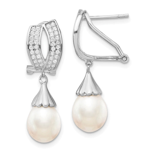 Rhodium-plated Sterling Silver 8-9mm Rice FWC Pearl CZ Omega Back Earrings
