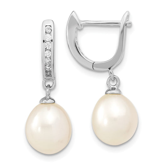 Rhodium-plated Sterling Silver 8-9mm Rice FWC Pearl CZ Dangle Hoop Earrings