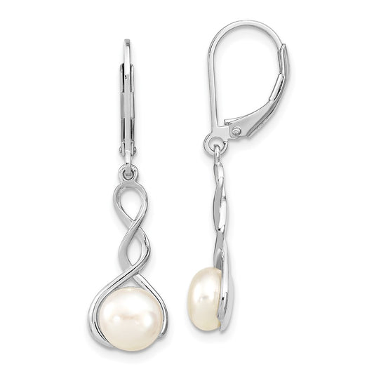 Rhodium-plated Sterling Silver 7-8mm Button FWC Pearl Leverback Earrings