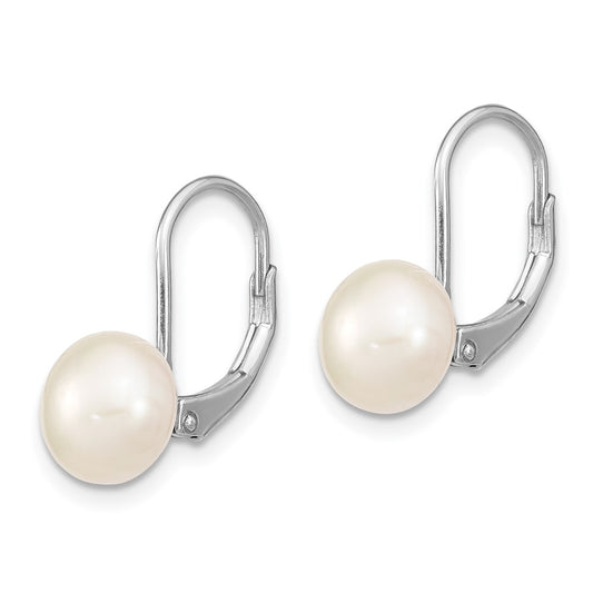 Rhodium-plated Sterling Silver 8-9mm Button FWC Pearl Leverback Earrings