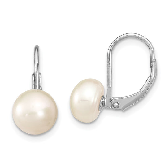 Rhodium-plated Sterling Silver 8-9mm Button FWC Pearl Leverback Earrings