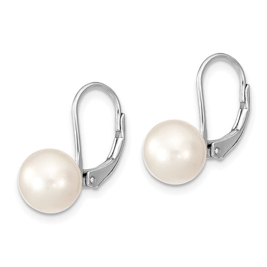 Rhodium-plated Sterling Silver 8-9mm Round FWC Pearl Leverback Earrings