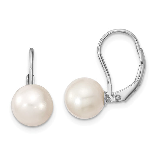 Rhodium-plated Sterling Silver 8-9mm Round FWC Pearl Leverback Earrings