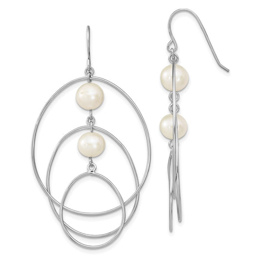 Rhodium-plated Sterling Silver 8-9mm White FWC Pearl Hoop Earrin