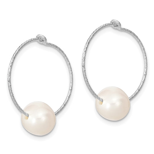 Rhodium-plated Sterling Silver 8-9mm Round FWC Pearl Hoop Earrings