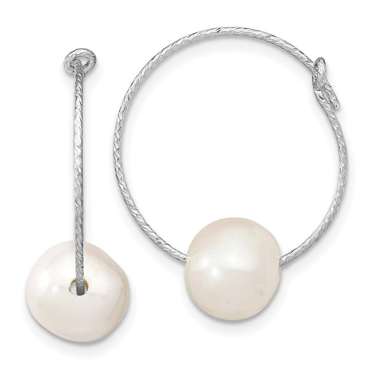 Rhodium-plated Sterling Silver 8-9mm Round FWC Pearl Hoop Earrings