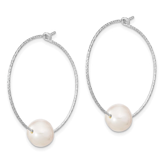 Rhodium-plated Sterling Silver 8-9mm White Round FWC Pearl Hoop Earrings