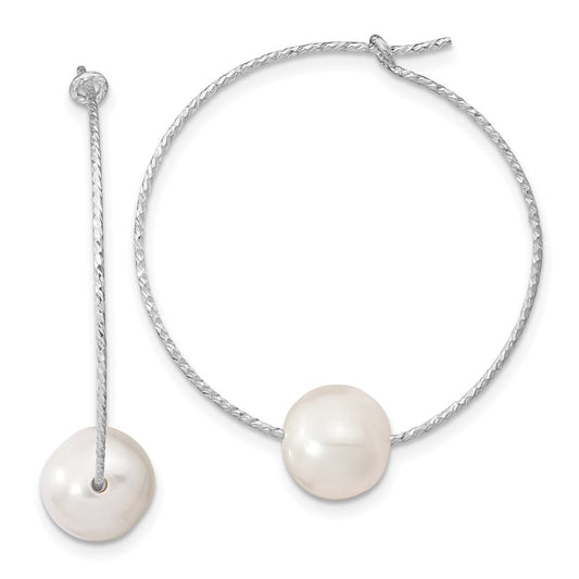 Rhodium-plated Sterling Silver 8-9mm White Round FWC Pearl Hoop Earrings