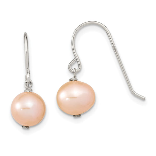 Rhodium-plated Sterling Silver 7-8mm Pink Semi-round FWC Dangle Earrings