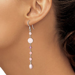 Sterling Silver Polished Pink FWC Pearl, Pink Jade, Rosaline, Cherry and Rose Quartz Dangle Earrings